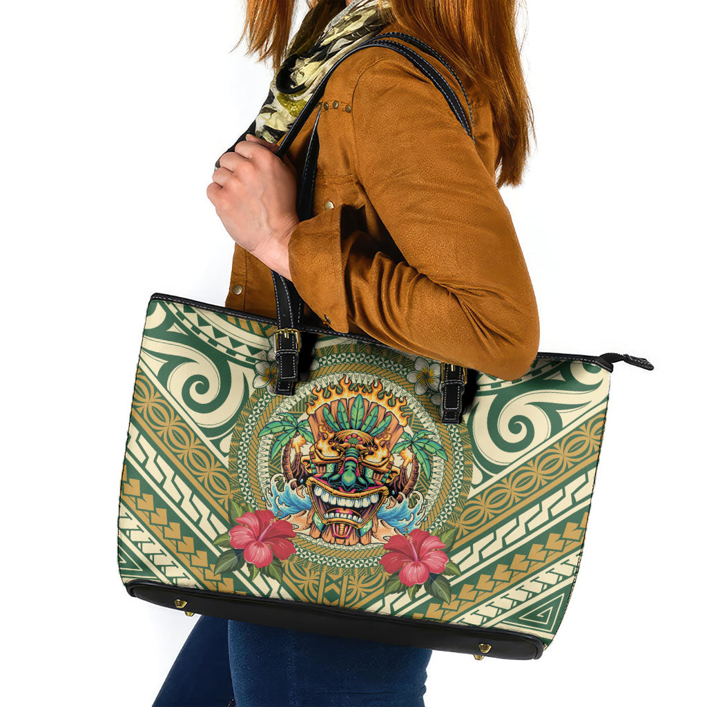 Hawaii Tiki Mask Leather Tote Bag Mele Kalikimaka i Iulai! LT9 Green - Polynesian Pride