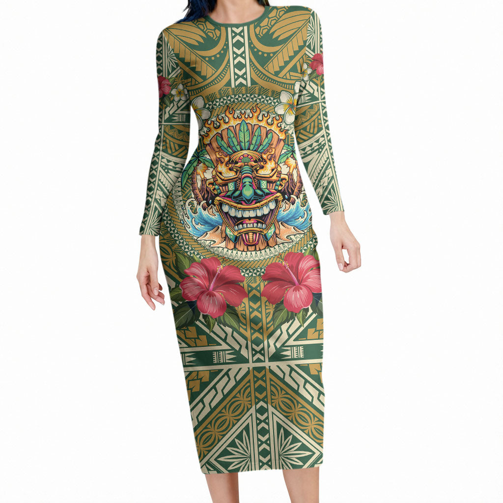 Hawaii Tiki Mask Personalized Long Sleeve Bodycon Dress Mele Kalikimaka i Iulai! LT9 Long Dress Green - Polynesian Pride