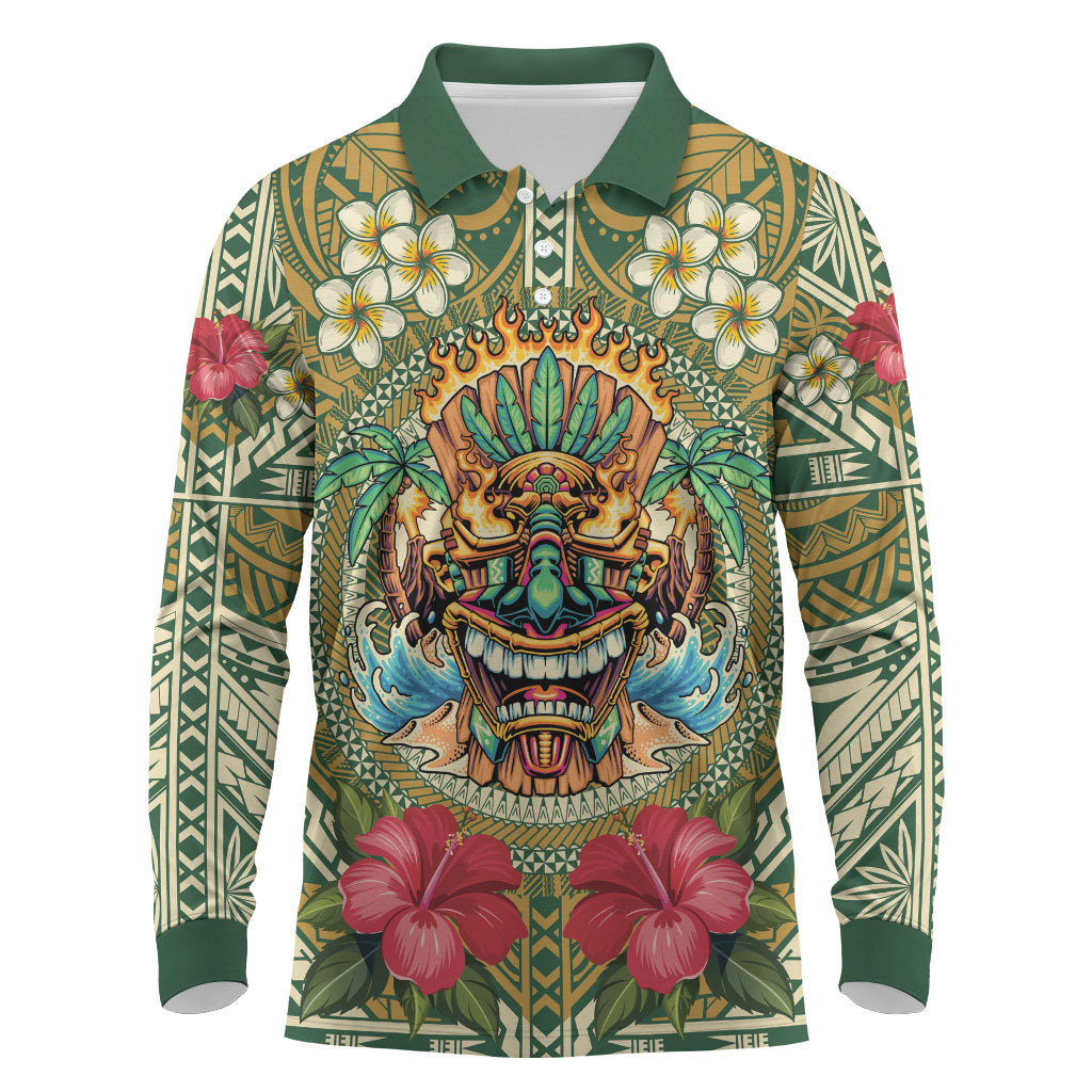 Hawaii Tiki Mask Personalized Long Sleeve Polo Shirt Mele Kalikimaka i Iulai! LT9 Green - Polynesian Pride