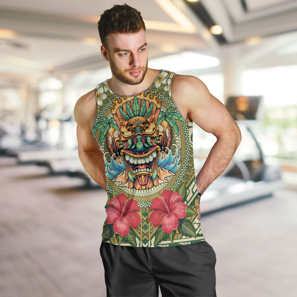 Hawaii Tiki Mask Personalized Men Tank Top Mele Kalikimaka i Iulai! LT9 Green - Polynesian Pride
