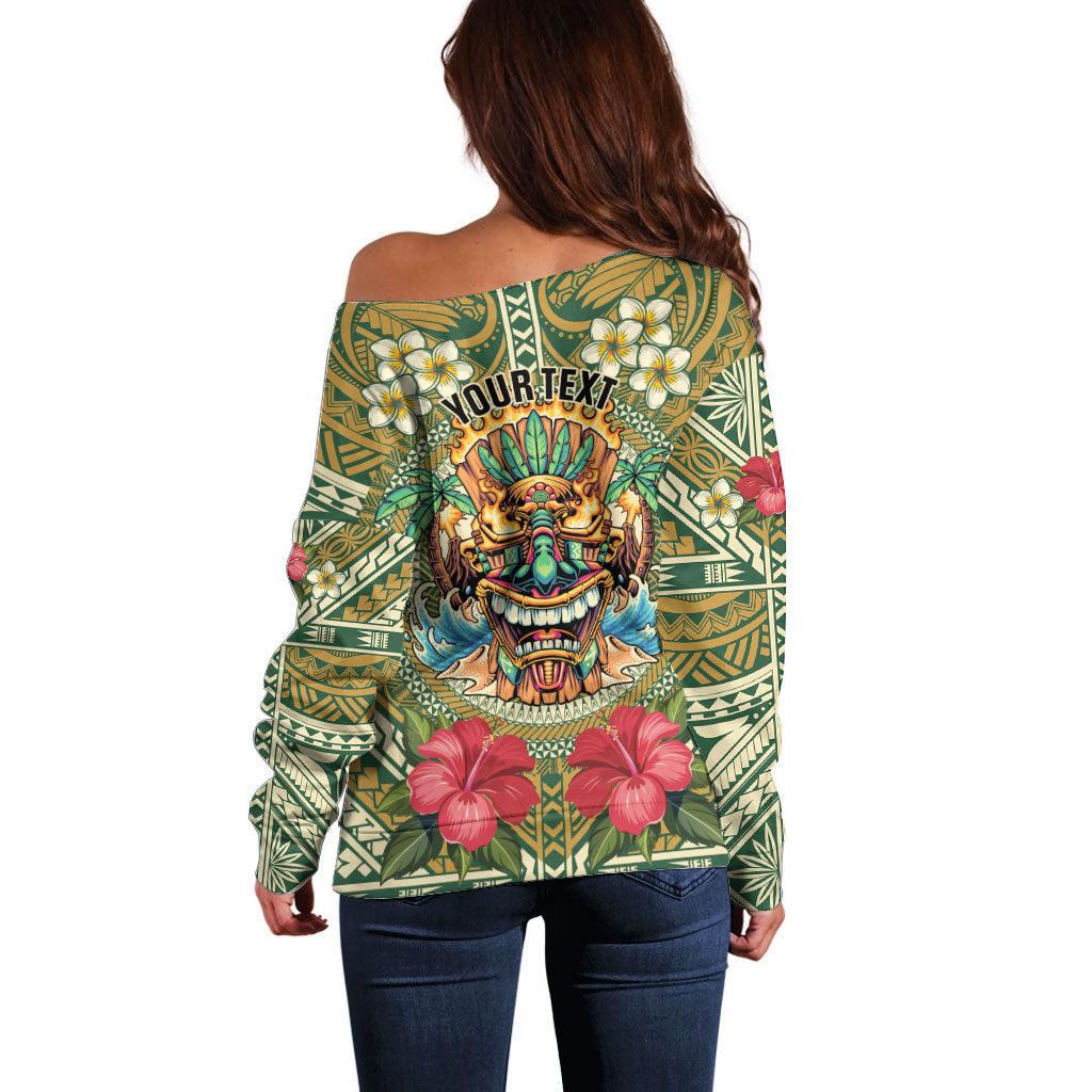 Hawaii Tiki Mask Personalized Off Shoulder Sweater Mele Kalikimaka i Iulai!
