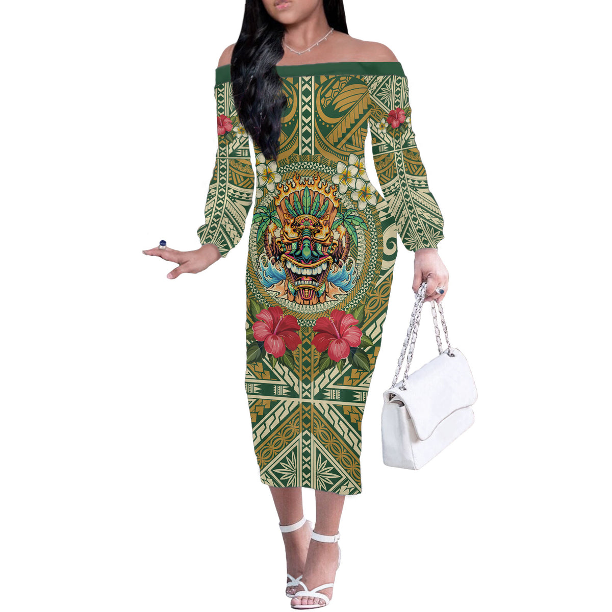 Hawaii Tiki Mask Personalized Off The Shoulder Long Sleeve Dress Mele Kalikimaka i Iulai!