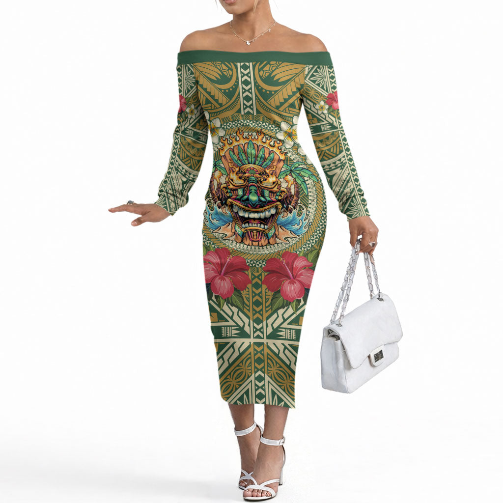 Hawaii Tiki Mask Personalized Off The Shoulder Long Sleeve Dress Mele Kalikimaka i Iulai! LT9 Women Green - Polynesian Pride
