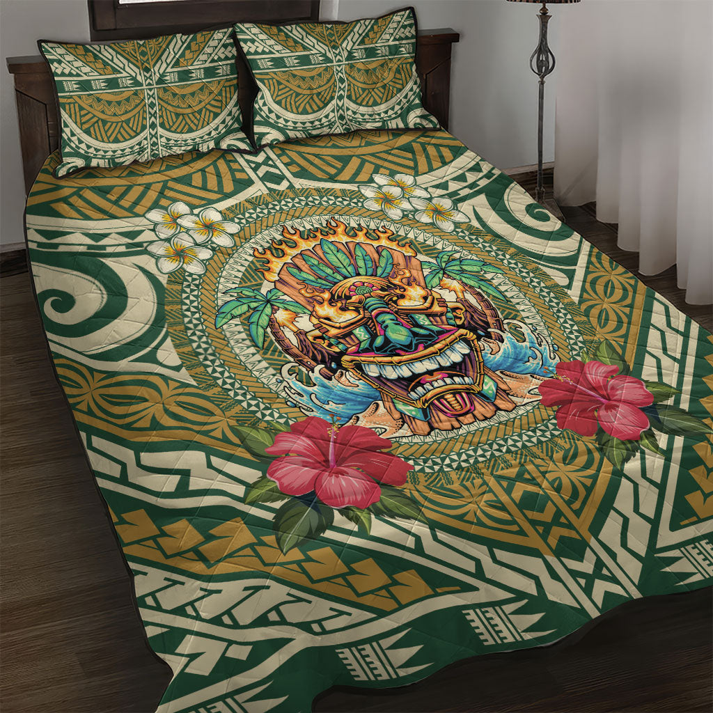 Hawaii Tiki Mask Quilt Bed Set Mele Kalikimaka i Iulai! LT9 Green - Polynesian Pride