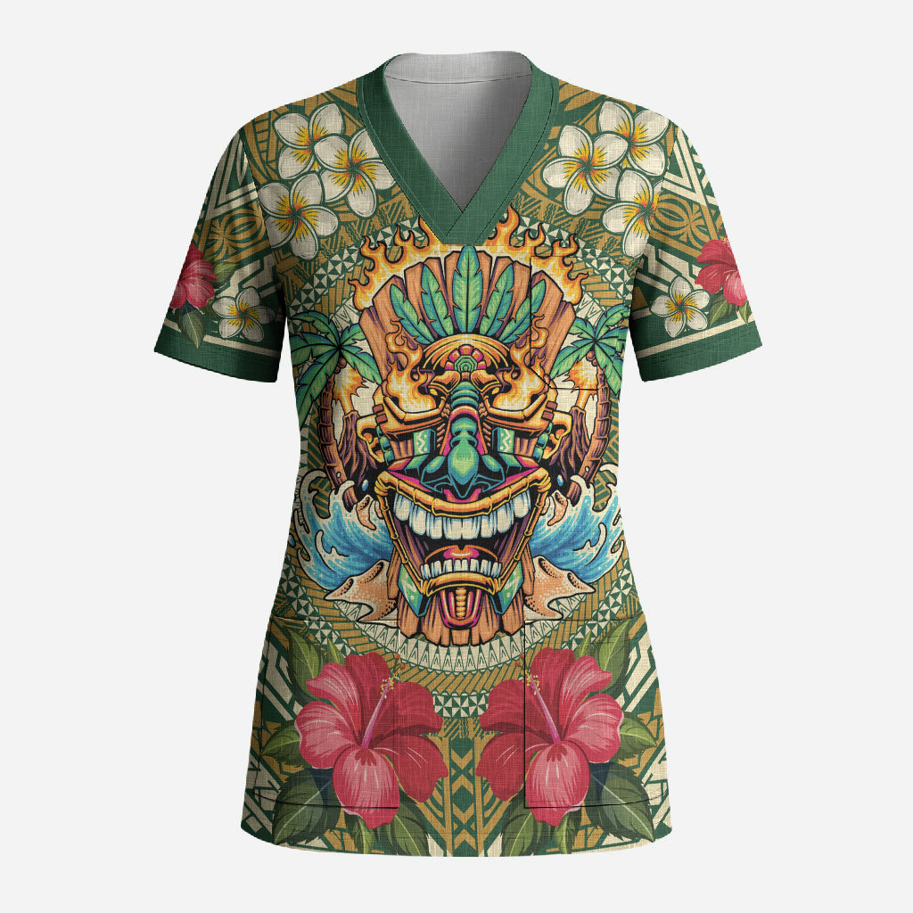 Hawaii Tiki Mask Personalized Scrub Top Mele Kalikimaka i Iulai!