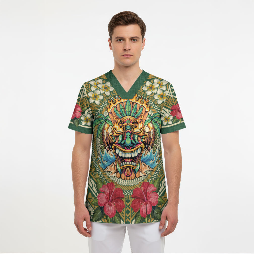 Hawaii Tiki Mask Personalized Scrub Top Mele Kalikimaka i Iulai!