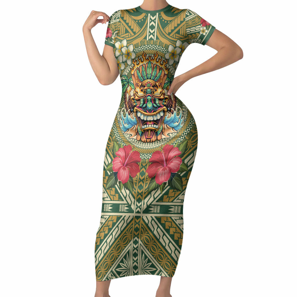 Hawaii Tiki Mask Personalized Short Sleeve Bodycon Dress Mele Kalikimaka i Iulai! LT9 Long Dress Green - Polynesian Pride