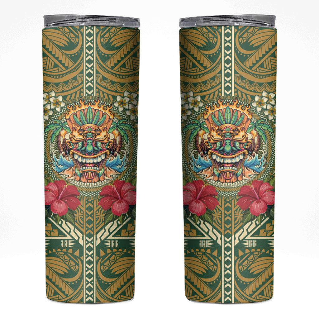 Hawaii Tiki Mask Personalized Skinny Tumbler Mele Kalikimaka i Iulai! LT9 Green - Polynesian Pride