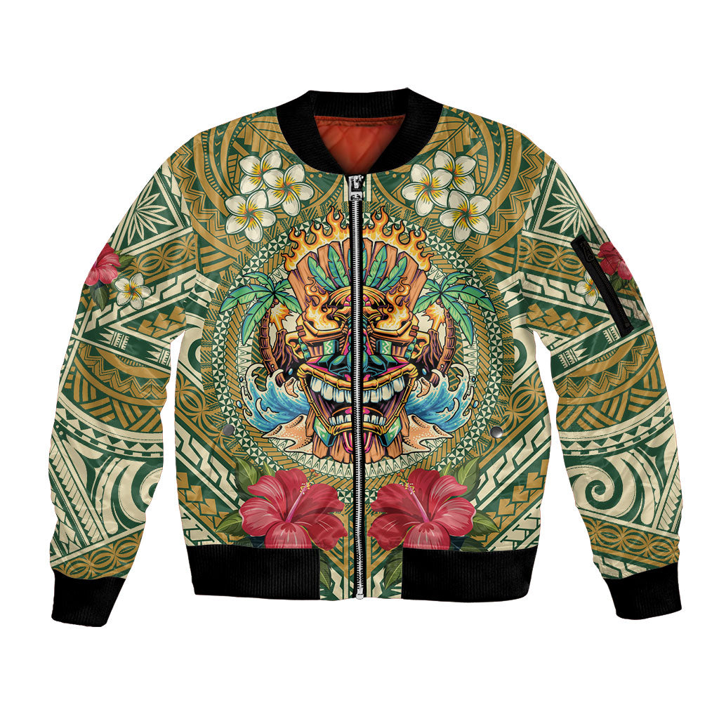 Hawaii Tiki Mask Personalized Sleeve Zip Bomber Jacket Mele Kalikimaka i Iulai!