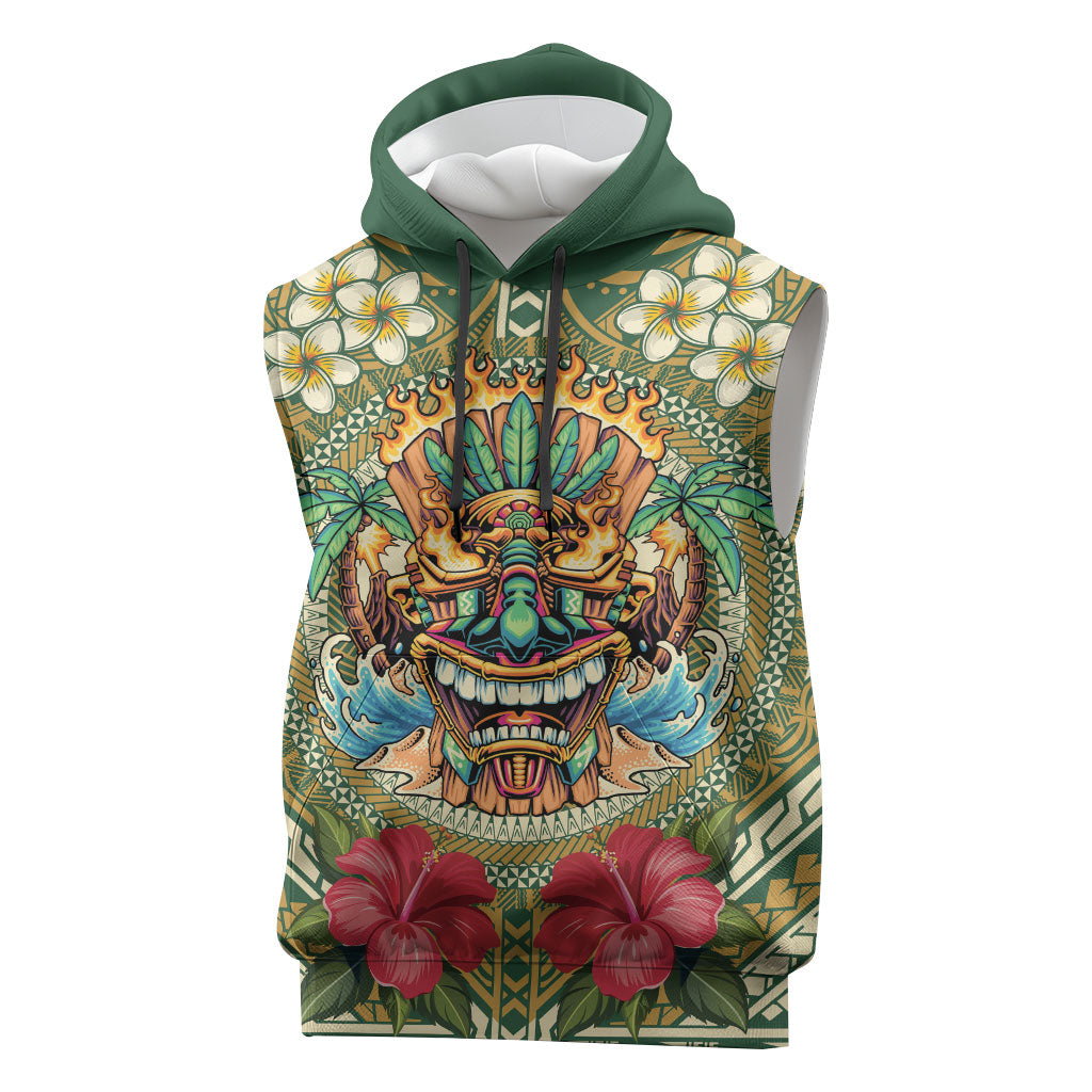 Hawaii Tiki Mask Personalized Sleeveless Hoodie Mele Kalikimaka i Iulai! LT9 Green - Polynesian Pride