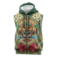 Hawaii Tiki Mask Personalized Sleeveless Zip Hoodie Mele Kalikimaka i Iulai! LT9 Green - Polynesian Pride