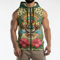 Hawaii Tiki Mask Personalized Sleeveless Zip Hoodie Mele Kalikimaka i Iulai! LT9 - Polynesian Pride