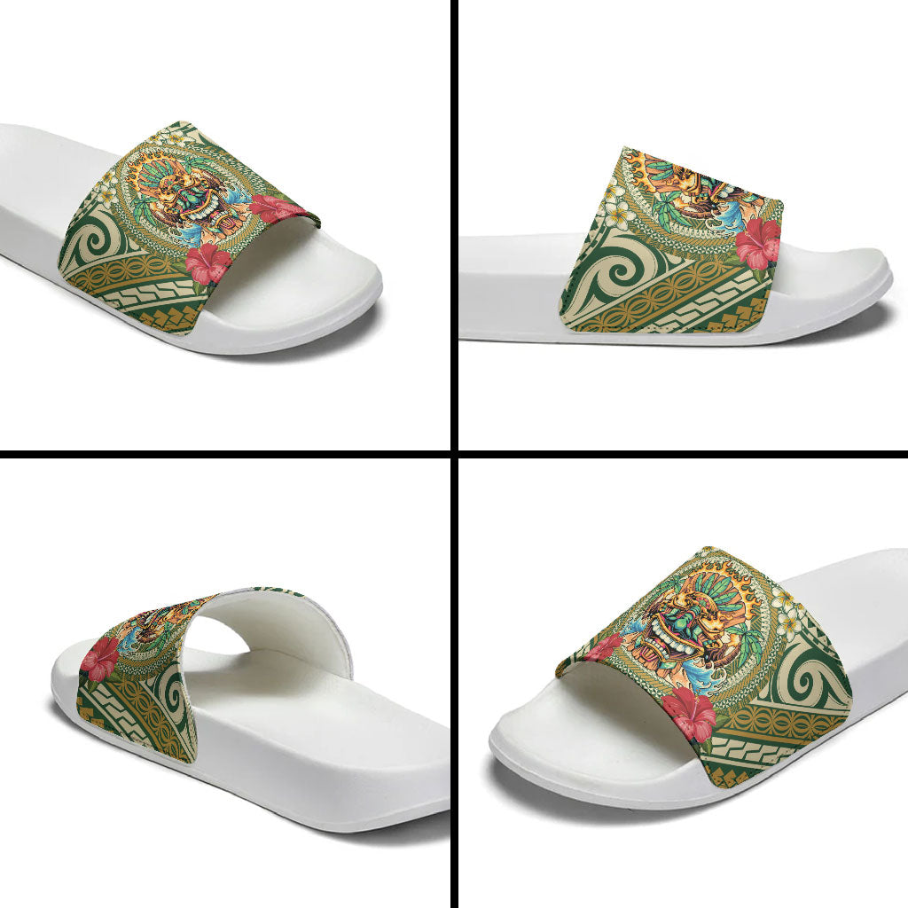Hawaii Tiki Mask Slide Sandals Mele Kalikimaka i Iulai!