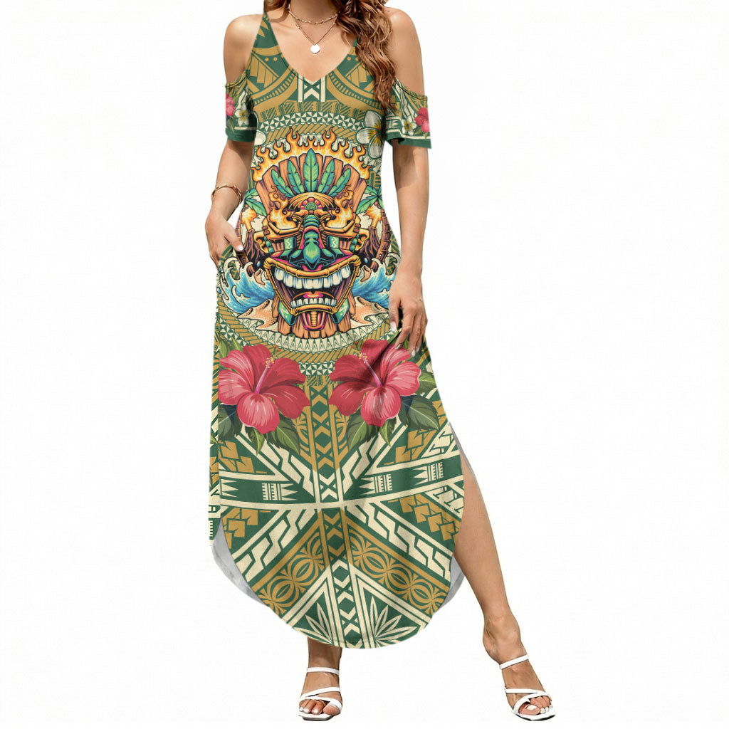 Hawaii Tiki Mask Personalized Summer Maxi Dress Mele Kalikimaka i Iulai! LT9 Women Green - Polynesian Pride