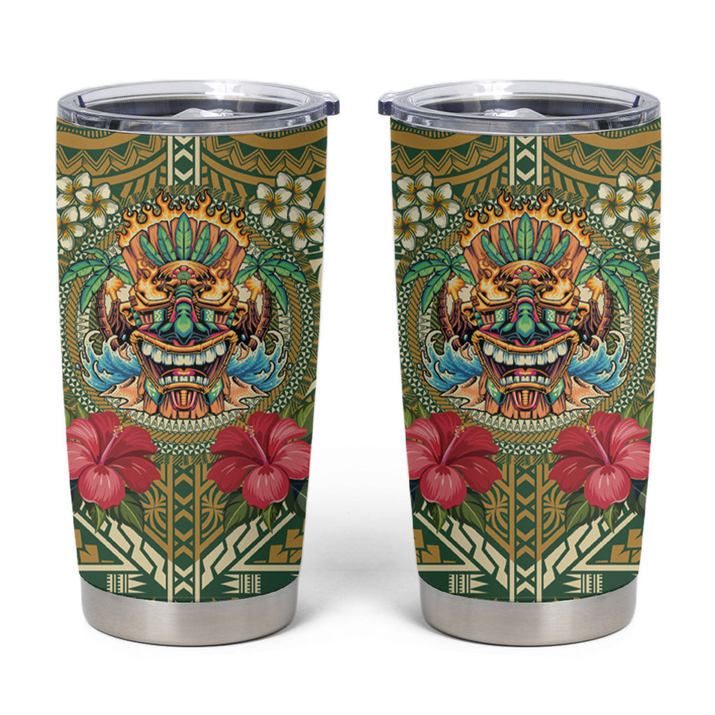 Hawaii Tiki Mask Personalized Tumbler Cup Mele Kalikimaka i Iulai! LT9 Green - Polynesian Pride