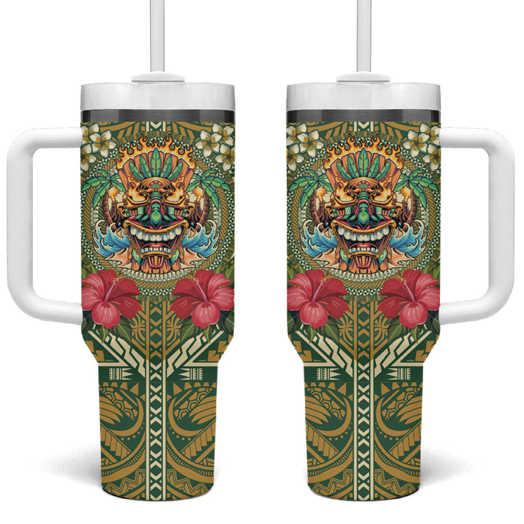 Hawaii Tiki Mask Personalized Tumbler With Handle Mele Kalikimaka i Iulai! LT9 One Size: 40 oz Green - Polynesian Pride