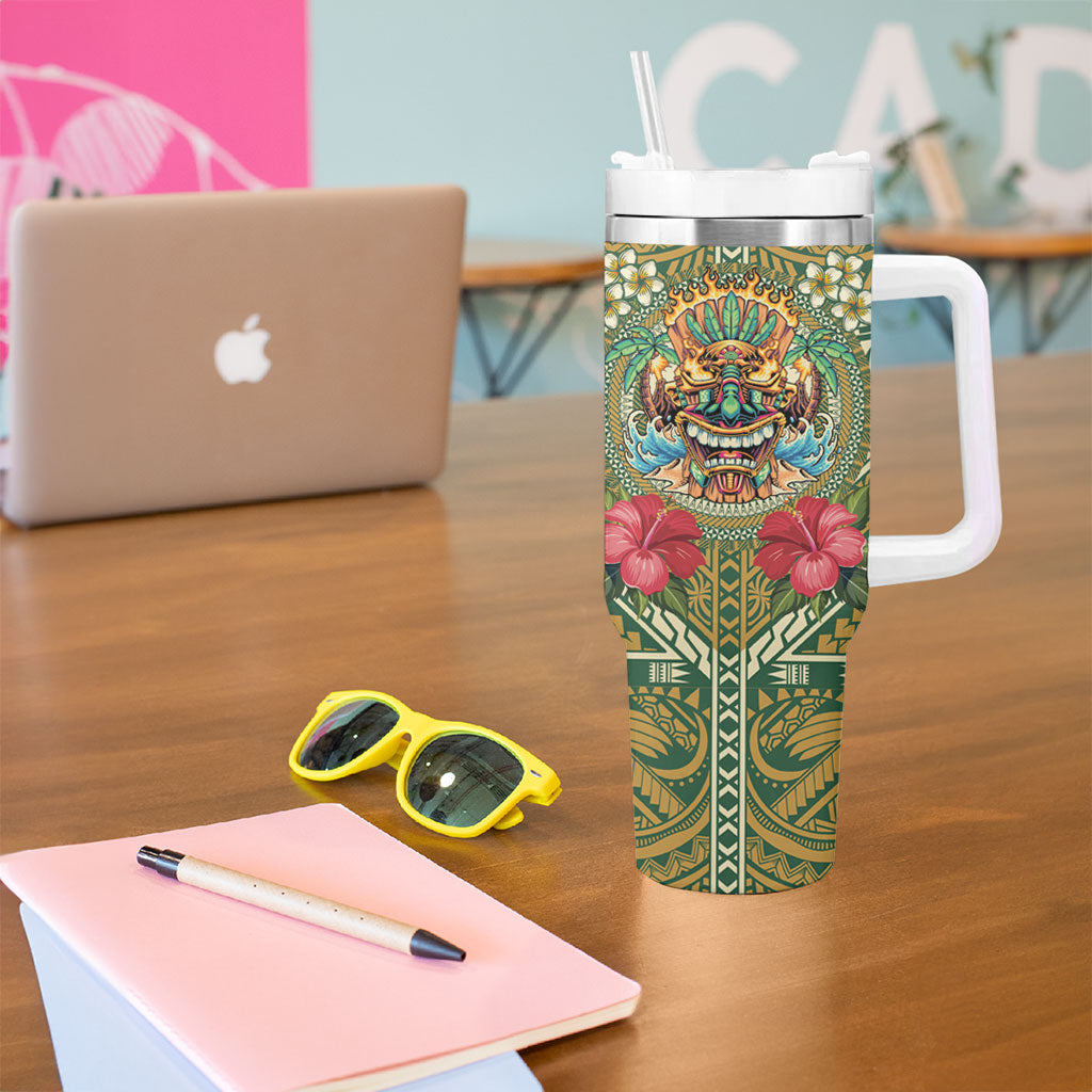 Hawaii Tiki Mask Personalized Tumbler With Handle Mele Kalikimaka i Iulai!