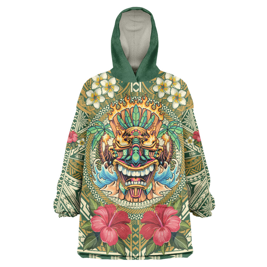 Hawaii Tiki Mask Personalized Wearable Blanket Hoodie Mele Kalikimaka i Iulai! LT9 One Size Green - Polynesian Pride