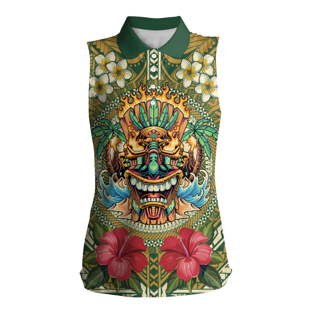 Hawaii Tiki Mask Personalized Women Sleeveless Polo Shirt Mele Kalikimaka i Iulai! LT9 Female Green - Polynesian Pride