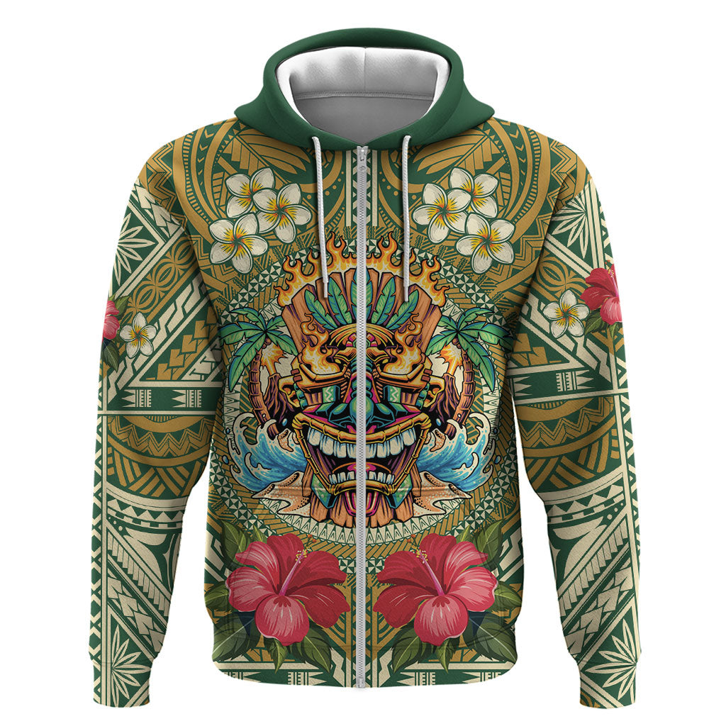 Hawaii Tiki Mask Personalized Zip Hoodie Mele Kalikimaka i Iulai! LT9 Zip Hoodie Green - Polynesian Pride