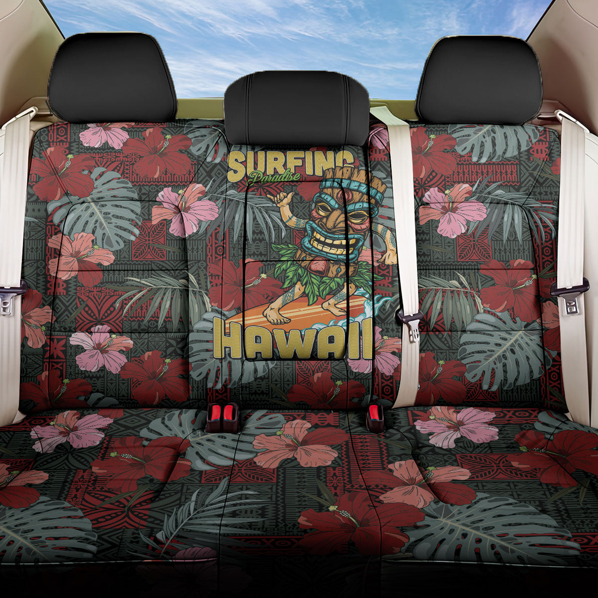 Hawaii Tiki Surfing Back Car Seat Cover Mele Kalikimaka i Iulai!