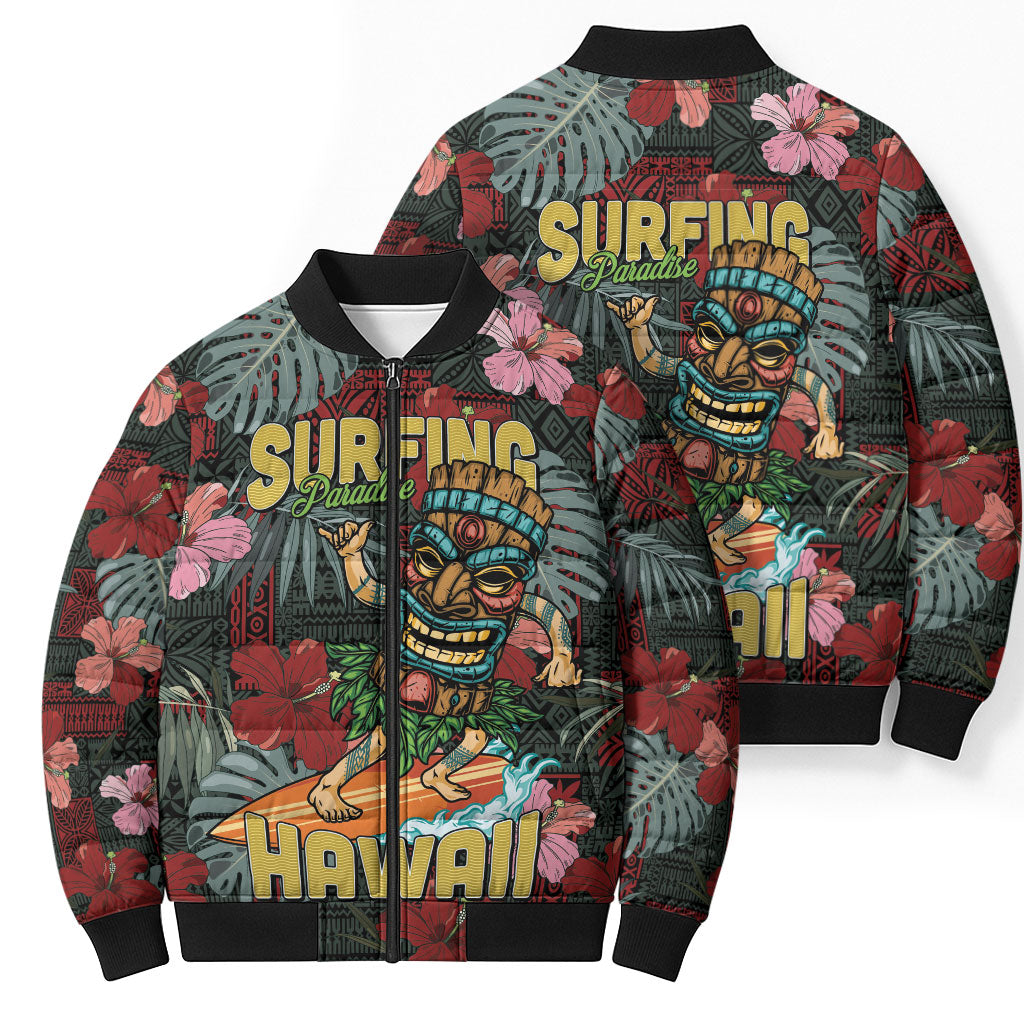 Hawaii Tiki Surfing Bomber Puffer Jacket Mele Kalikimaka i Iulai!