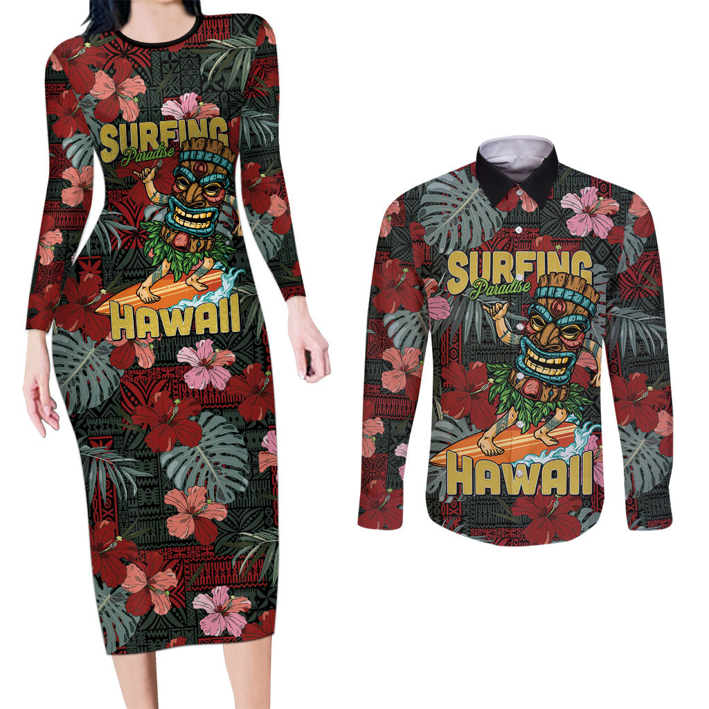 Hawaii Tiki Surfing Couples Matching Long Sleeve Bodycon Dress and Long Sleeve Button Shirt Mele Kalikimaka i Iulai! LT9 Black - Polynesian Pride