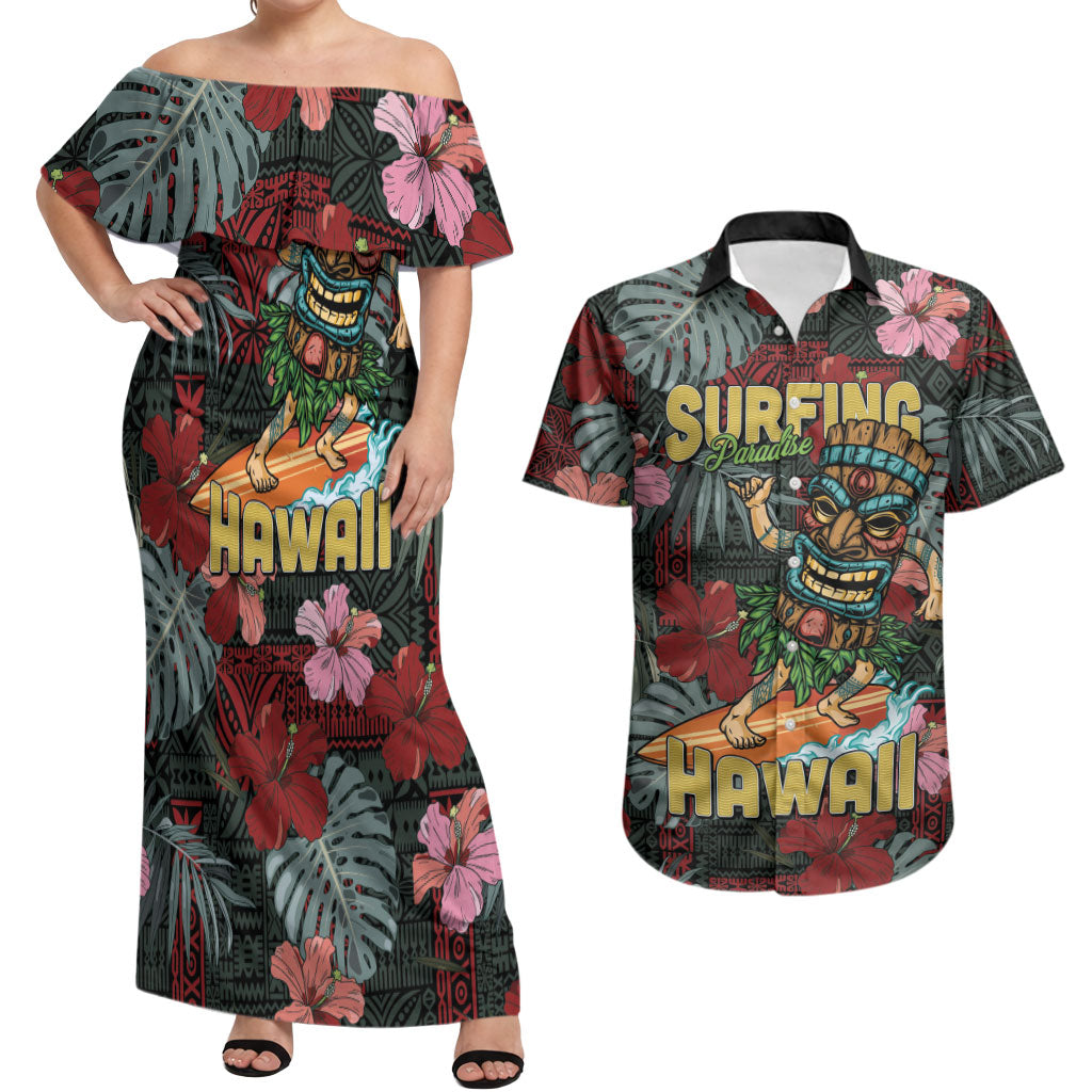 Hawaii Tiki Surfing Couples Matching Off Shoulder Maxi Dress and Hawaiian Shirt Mele Kalikimaka i Iulai! LT9 Black - Polynesian Pride