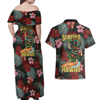Hawaii Tiki Surfing Couples Matching Off Shoulder Maxi Dress and Hawaiian Shirt Mele Kalikimaka i Iulai! LT9 - Polynesian Pride