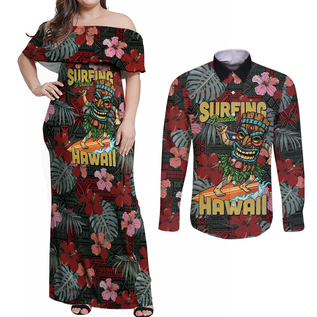 Hawaii Tiki Surfing Couples Matching Off Shoulder Maxi Dress and Long Sleeve Button Shirt Mele Kalikimaka i Iulai! LT9 Black - Polynesian Pride