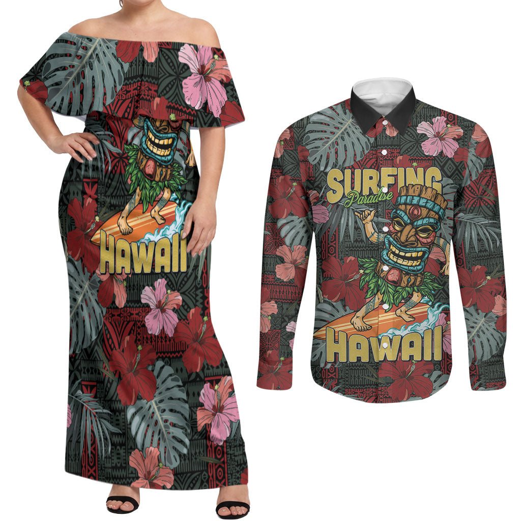 Hawaii Tiki Surfing Couples Matching Off Shoulder Maxi Dress and Long Sleeve Button Shirt Mele Kalikimaka i Iulai! LT9 Black - Polynesian Pride