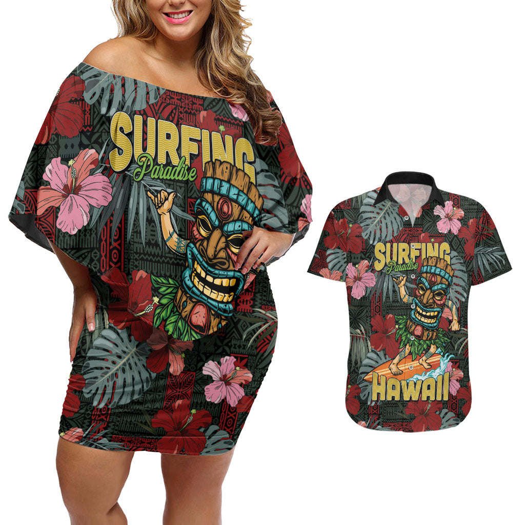 Hawaii Tiki Surfing Couples Matching Off Shoulder Short Dress and Hawaiian Shirt Mele Kalikimaka i Iulai! LT9 Black - Polynesian Pride