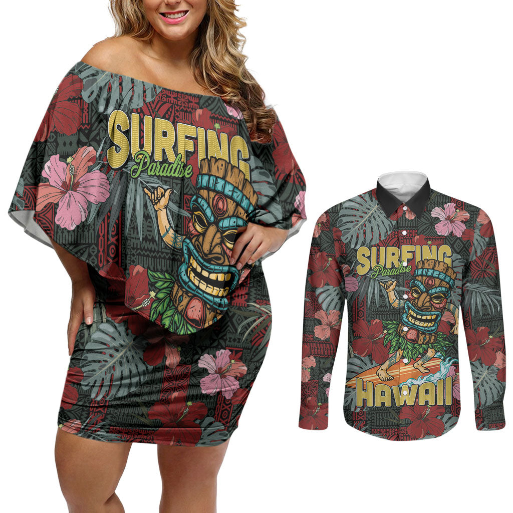 Hawaii Tiki Surfing Couples Matching Off Shoulder Short Dress and Long Sleeve Button Shirt Mele Kalikimaka i Iulai! LT9 Black - Polynesian Pride