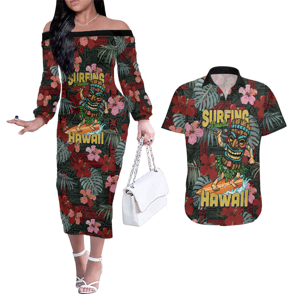 Hawaii Tiki Surfing Couples Matching Off The Shoulder Long Sleeve Dress and Hawaiian Shirt Mele Kalikimaka i Iulai! LT9 Black - Polynesian Pride