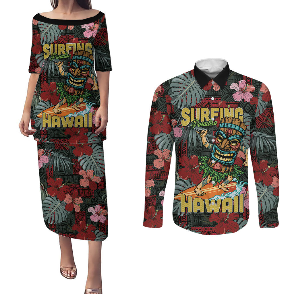 Hawaii Tiki Surfing Couples Matching Puletasi and Long Sleeve Button Shirt Mele Kalikimaka i Iulai!