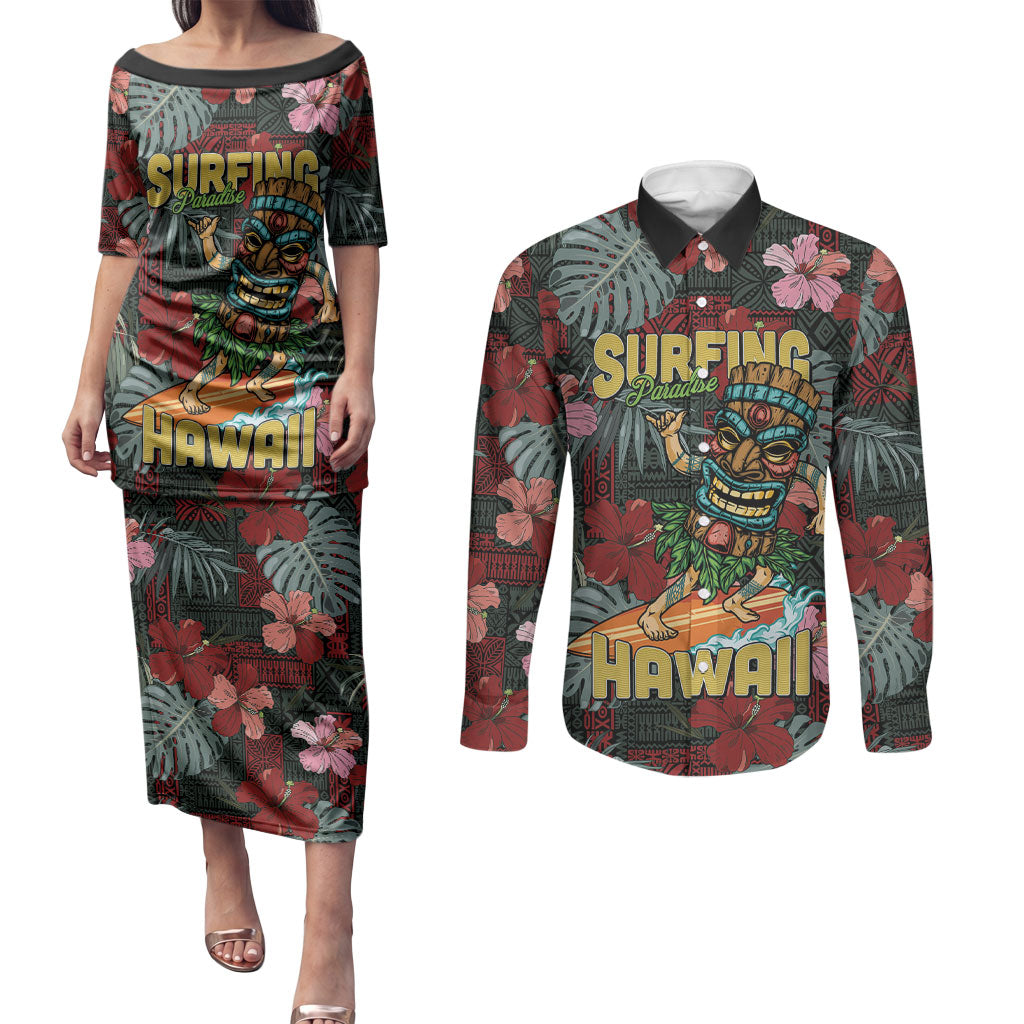 Hawaii Tiki Surfing Couples Matching Puletasi and Long Sleeve Button Shirt Mele Kalikimaka i Iulai! LT9 Black - Polynesian Pride