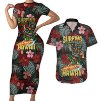 Hawaii Tiki Surfing Couples Matching Short Sleeve Bodycon Dress and Hawaiian Shirt Mele Kalikimaka i Iulai! LT9 Black - Polynesian Pride