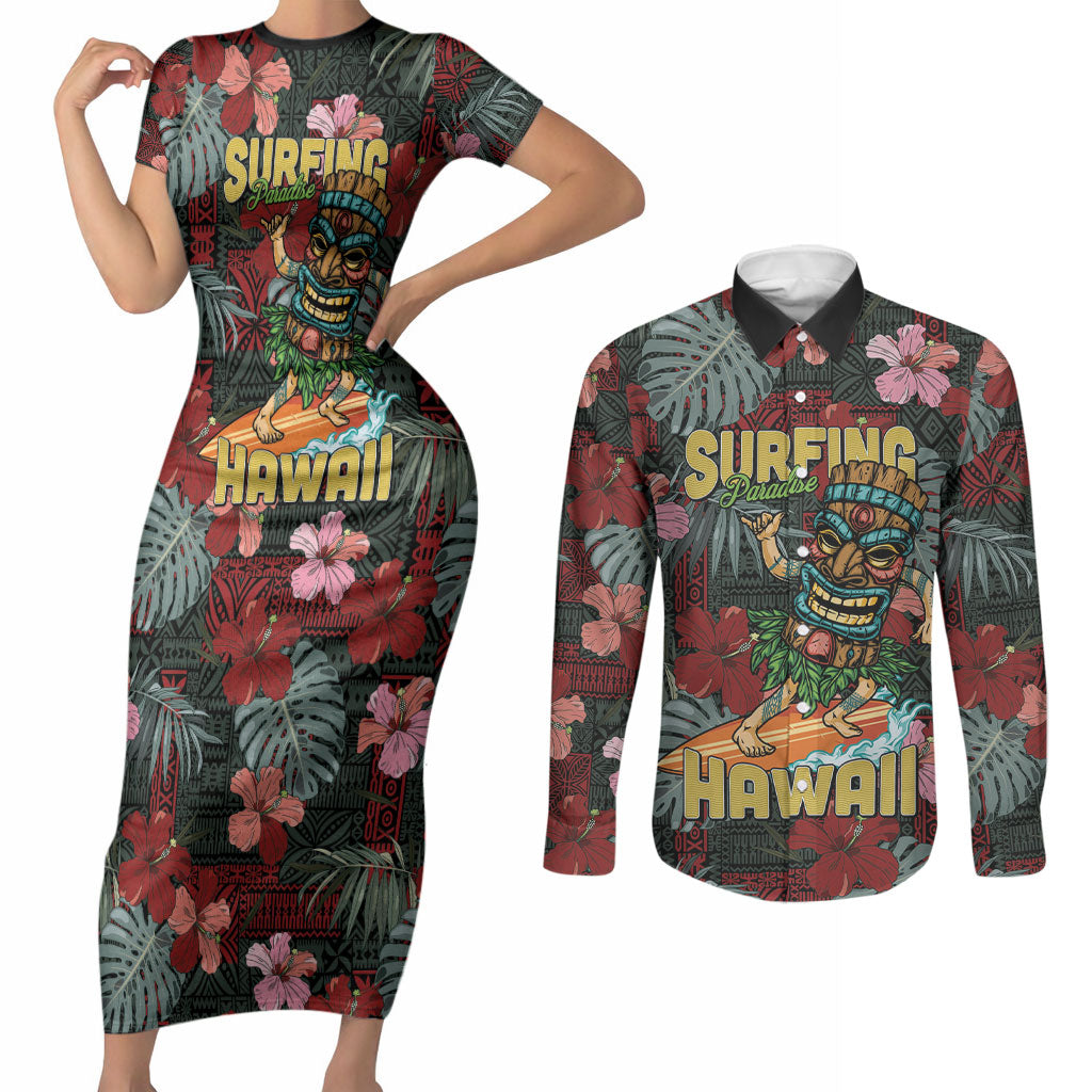 Hawaii Tiki Surfing Couples Matching Short Sleeve Bodycon Dress and Long Sleeve Button Shirt Mele Kalikimaka i Iulai! LT9 Black - Polynesian Pride