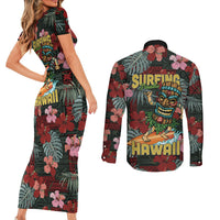 Hawaii Tiki Surfing Couples Matching Short Sleeve Bodycon Dress and Long Sleeve Button Shirt Mele Kalikimaka i Iulai! LT9 - Polynesian Pride