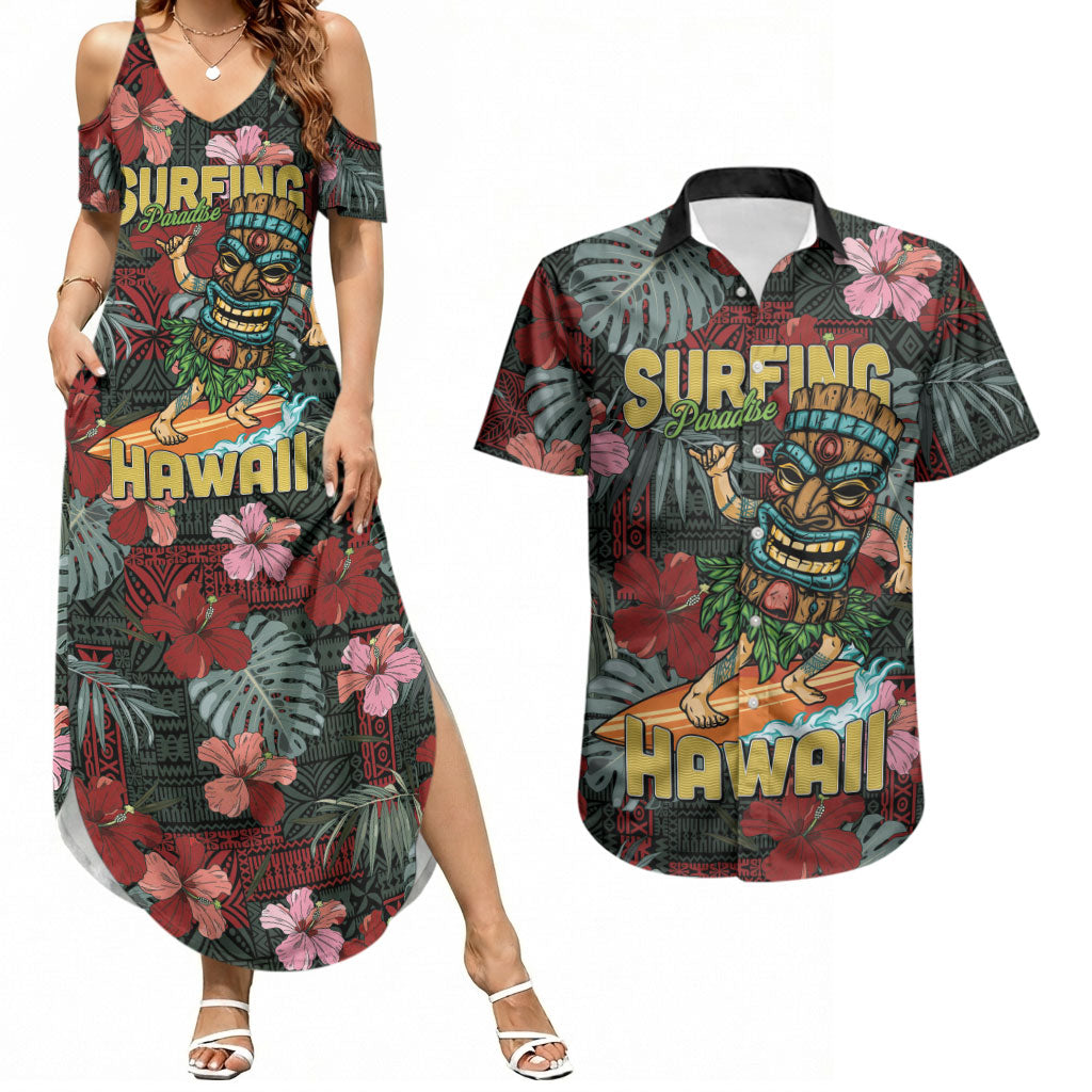 Hawaii Tiki Surfing Couples Matching Summer Maxi Dress and Hawaiian Shirt Mele Kalikimaka i Iulai! LT9 Black - Polynesian Pride