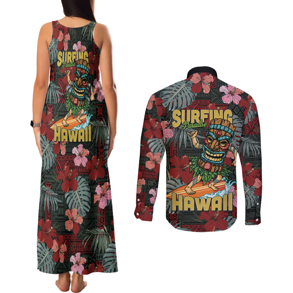 Hawaii Tiki Surfing Couples Matching Tank Maxi Dress and Long Sleeve Button Shirt Mele Kalikimaka i Iulai! LT9 - Polynesian Pride