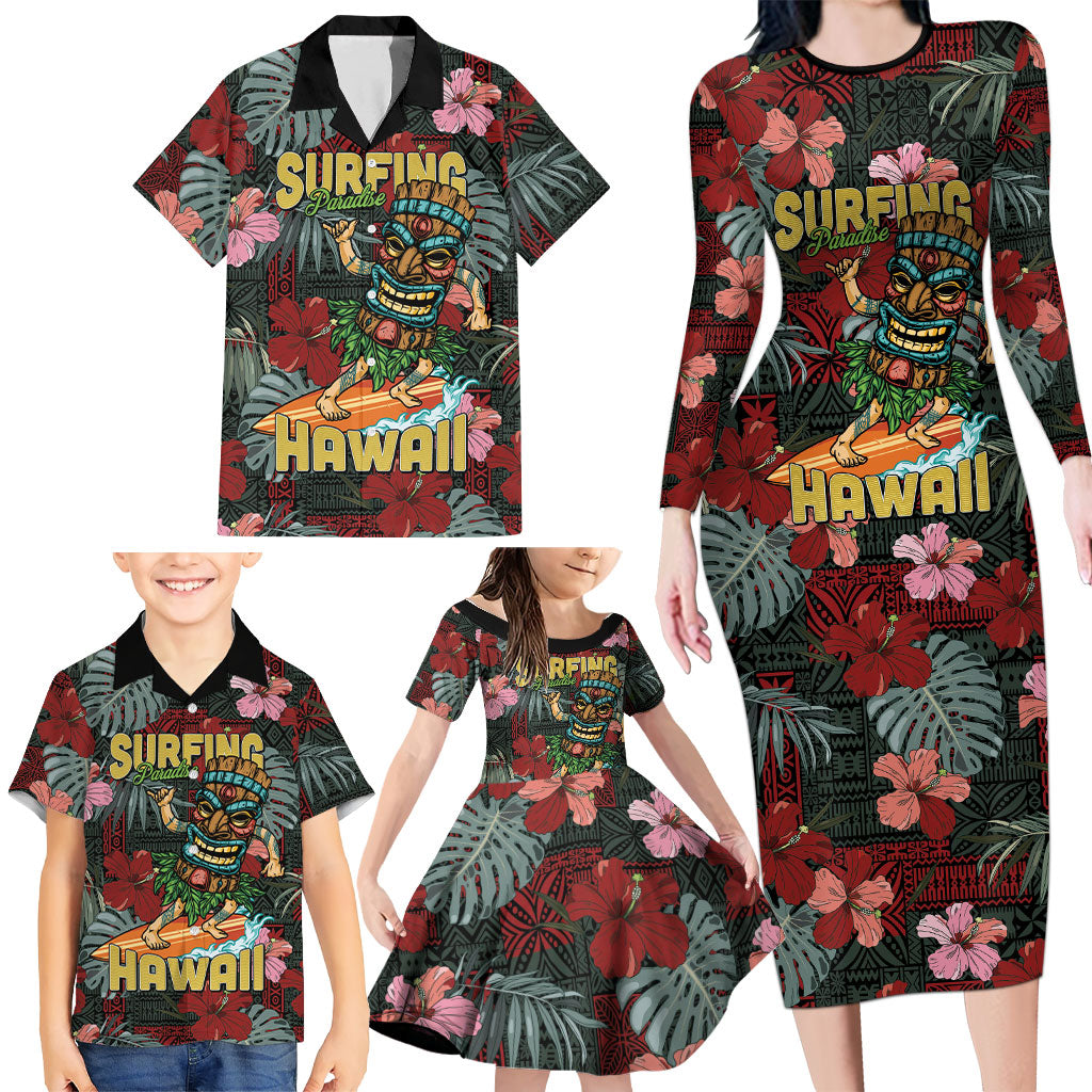 Hawaii Tiki Surfing Family Matching Long Sleeve Bodycon Dress and Hawaiian Shirt Mele Kalikimaka i Iulai! LT9 - Polynesian Pride