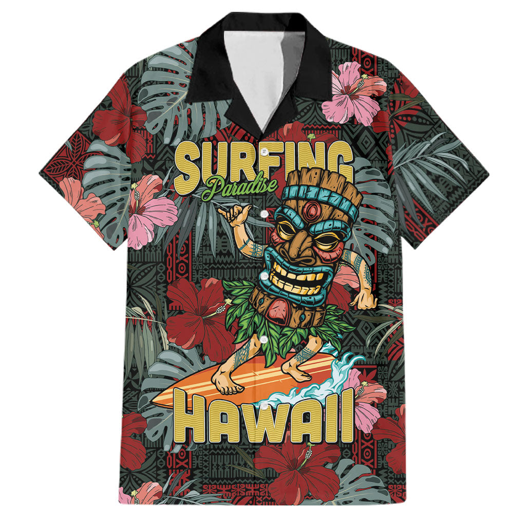 Hawaii Tiki Surfing Family Matching Off The Shoulder Long Sleeve Dress and Hawaiian Shirt Mele Kalikimaka i Iulai! LT9 Dad's Shirt - Short Sleeve Black - Polynesian Pride