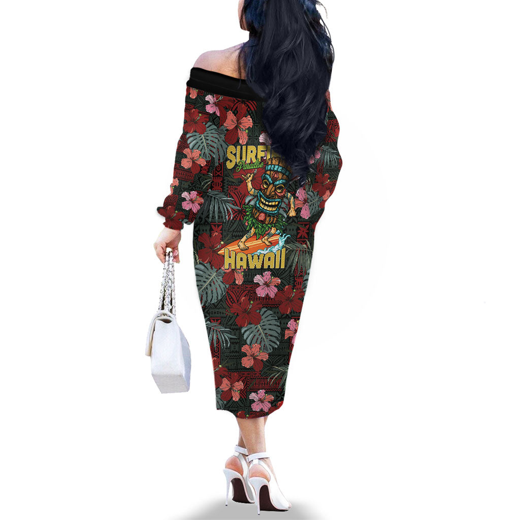 Hawaii Tiki Surfing Family Matching Off The Shoulder Long Sleeve Dress and Hawaiian Shirt Mele Kalikimaka i Iulai! LT9 - Polynesian Pride