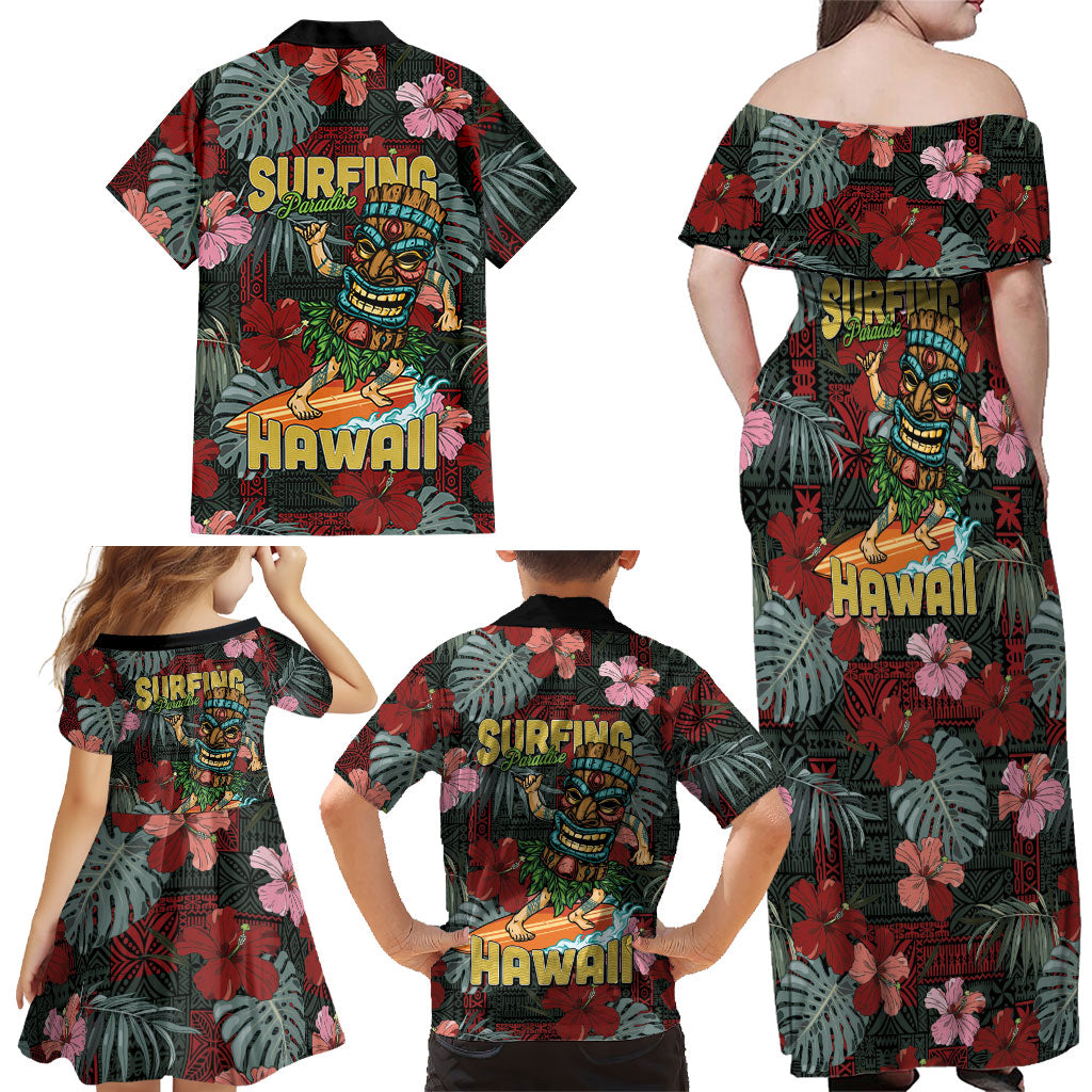 Hawaii Tiki Surfing Family Matching Off Shoulder Maxi Dress and Hawaiian Shirt Mele Kalikimaka i Iulai! LT9 - Polynesian Pride
