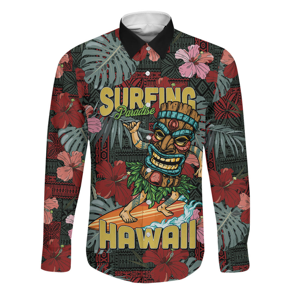 Hawaii Tiki Surfing Family Matching Off Shoulder Maxi Dress and Hawaiian Shirt Mele Kalikimaka i Iulai! LT9 Dad's Shirt - Long Sleeve Black - Polynesian Pride