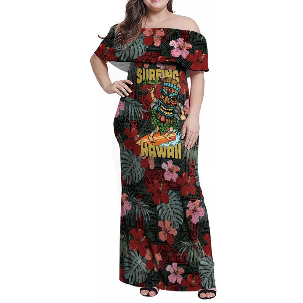 Hawaii Tiki Surfing Family Matching Off Shoulder Maxi Dress and Hawaiian Shirt Mele Kalikimaka i Iulai! LT9 Mom's Dress Black - Polynesian Pride