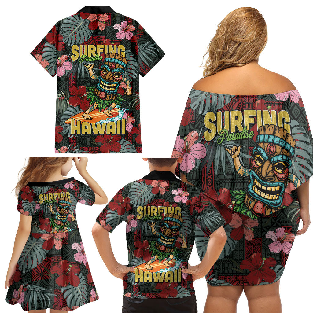 Hawaii Tiki Surfing Family Matching Off Shoulder Short Dress and Hawaiian Shirt Mele Kalikimaka i Iulai! LT9 - Polynesian Pride