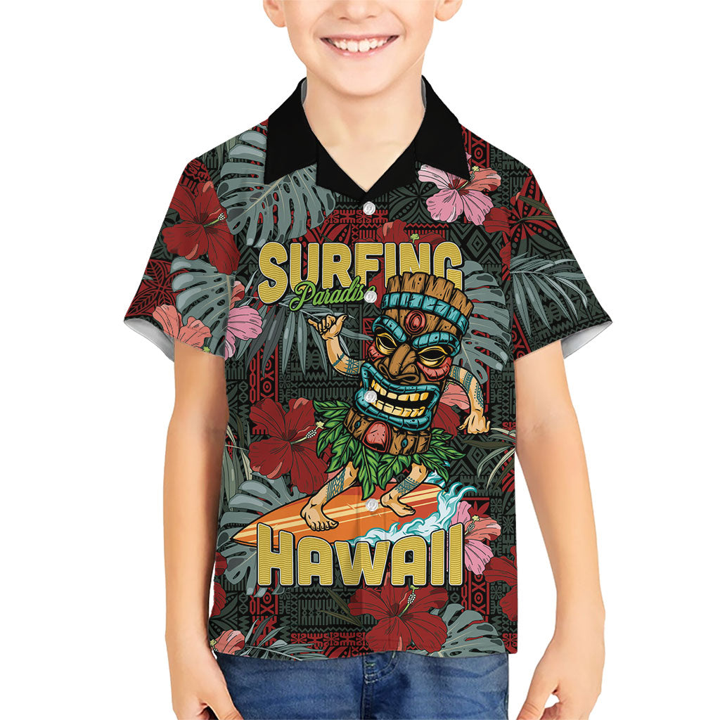 Hawaii Tiki Surfing Family Matching Puletasi and Hawaiian Shirt Mele Kalikimaka i Iulai! LT9 Son's Shirt Black - Polynesian Pride