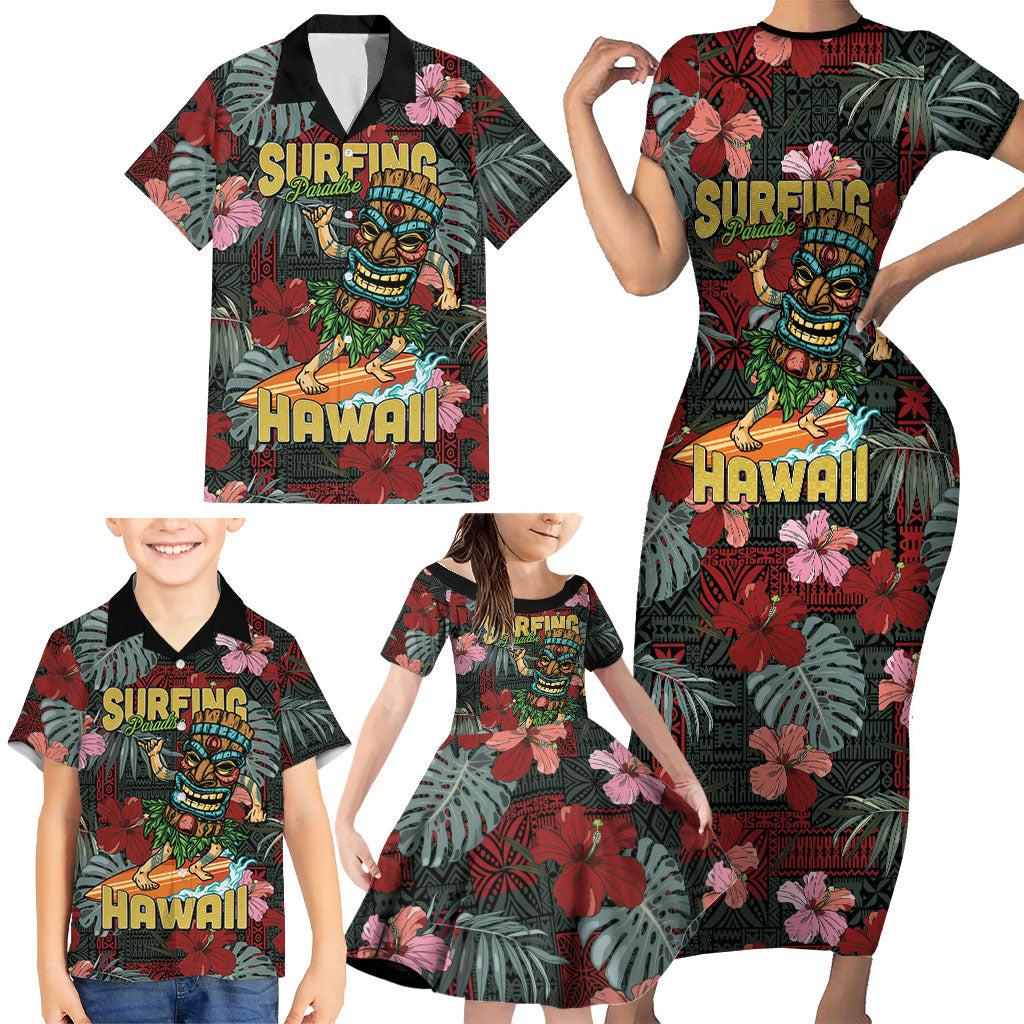 Hawaii Tiki Surfing Family Matching Short Sleeve Bodycon Dress and Hawaiian Shirt Mele Kalikimaka i Iulai! LT9 - Polynesian Pride